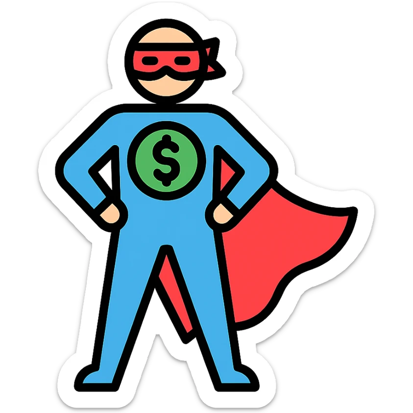 masked superhero with cape, striking heroic pose, green money symbol on chest, flat vector style sticker