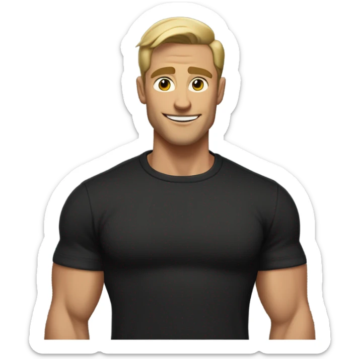 Muscular tall man with dirty blonde short straight hair brushed back, wearing a black sweater in a casual style, loves old-money aesthetic sticker