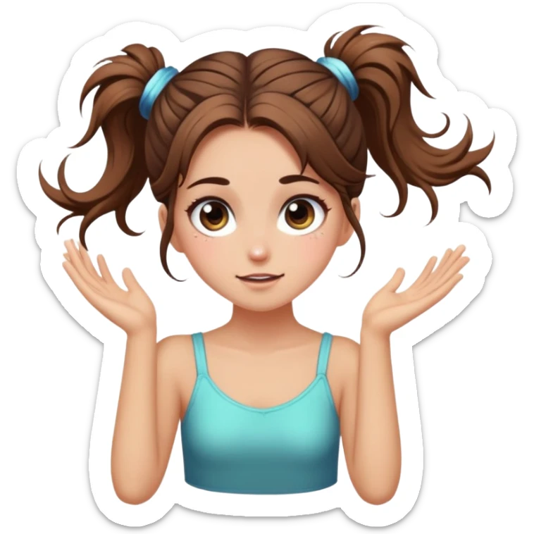 girl with long brown hair with messy bun, chaotic sparkle eyes cartwheel sticker