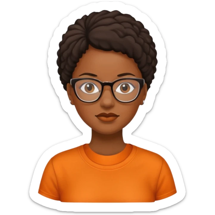 black woman with glasses, no smile and an orange shirt sticker