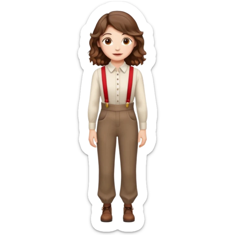 Woman with wavy brown hair and hazel eyes wearing dress pants with red suspenders sticker