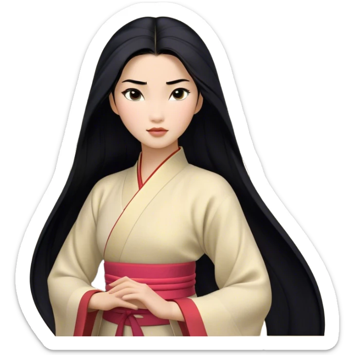 Cinematic Realistic Mulan Portrait, depicted with lifelike skin texture, soft natural lighting, and intricately detailed long black hair styled elegantly. Her deep, expressive eyes exude determination and grace, complemented by a serene yet confident expression. She is dressed in her classic attire, with rich fabric textures and delicate folds that catch the light beautifully. The portrait features a soft, enchanting glow with a natural, radiant finish, capturing the essence of timeless strength and beauty in a realistic and painterly style, evoking a sense of depth and authenticity. sticker