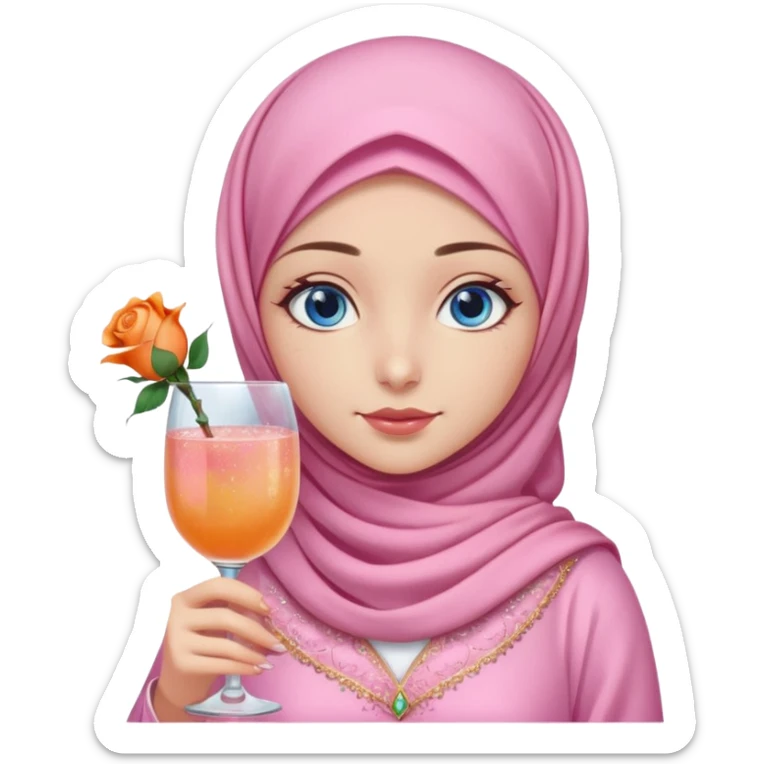 Turkish beautiful finish Konya girl blue eyes with pink hijab islamic dress and had on her hand Glittery rose gold mocktail with orange light pink roses sticker