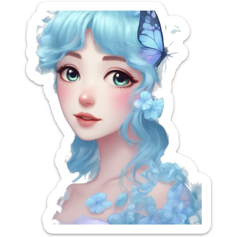 Gorgeous Shiny Pastel Blue Anime-Style Lady Butterflies flower petals leaves cottagecore fairycore pastelcore kawaii aesthetic trending style sticker