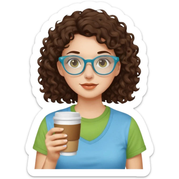 White girl with dark brown curly hair, brown eyes, sky blue glasses, apple green t shirt, drinking coffee sticker