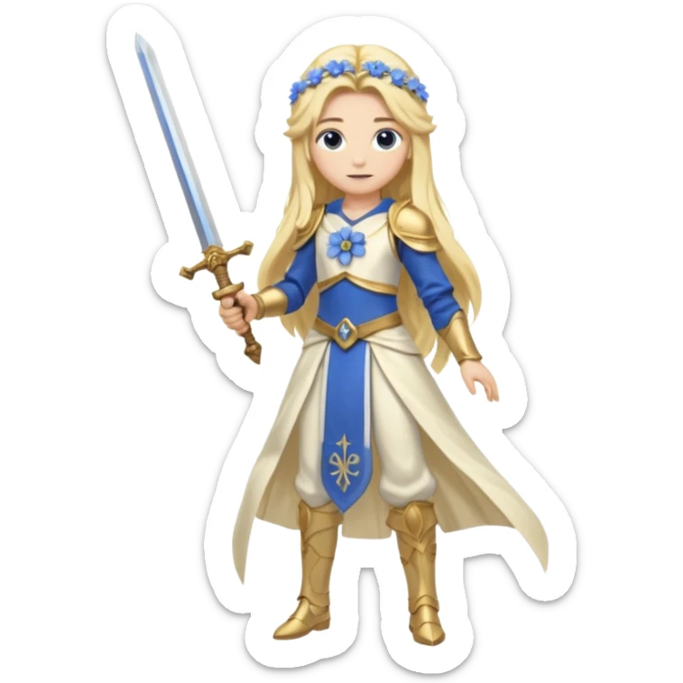 Lumine (from Genshin Impact) White and golden clothes, blonde, long-haired, with a pastel-indigo flower in hair and with a sword (full body) sticker