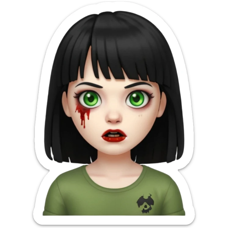 A zombie girl in Apple Memoji format with long, straight black hair and bangs. sticker