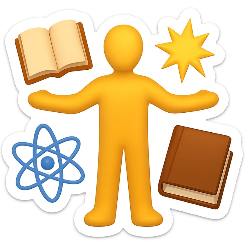 emoji symbolizing humanism with a human figure in the center surrounded by books and symbols of knowledge sticker
