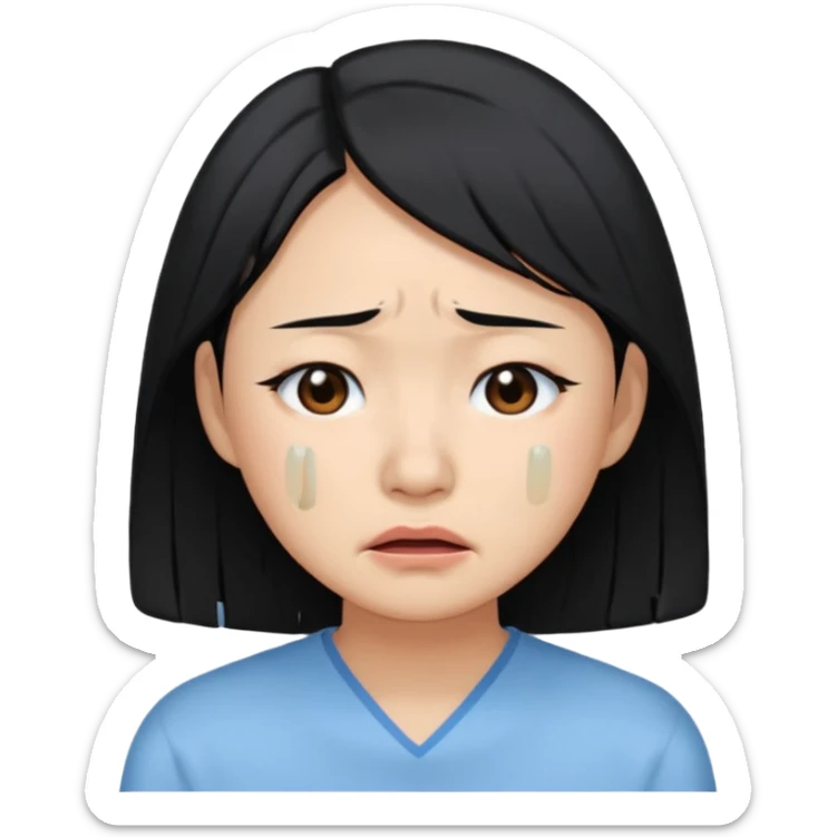 A crying East Asian woman with black hair, wearing light blue clothing. Her skin appears dry. sticker