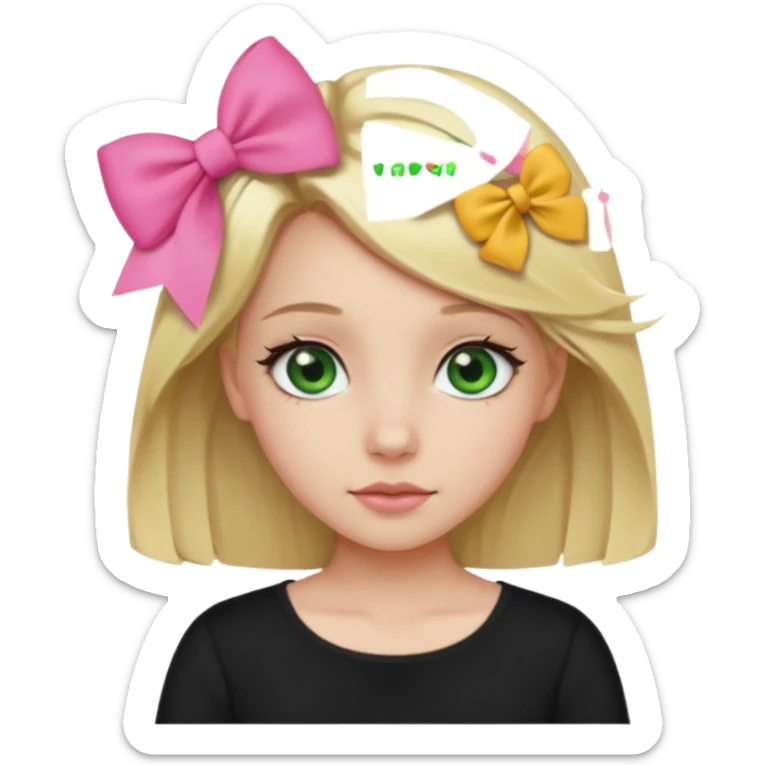 blonde girl middle part, pink bow in hair, plain black top, green eyes. sticker