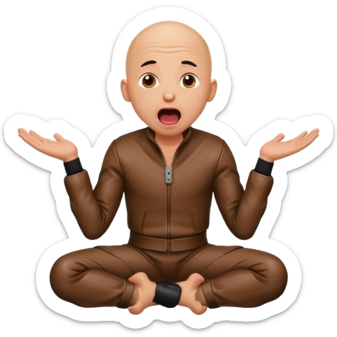 Bald man in leather on his knees, frightened with his tongue out, looking up sticker