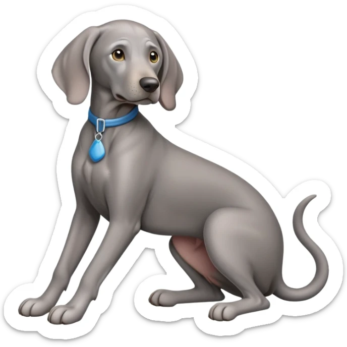cinematic-[weimaraner]-realistic-full-body-sitting-emoji,-tail-resting-loosely-beside-its-paws,-head-tilted-dramatically, -sleek-[grey blue]-fur,-simplified-yet-realistic-focused-features,-highly-detailed,-glowing-with-an-almost-sarcastic-glow sticker