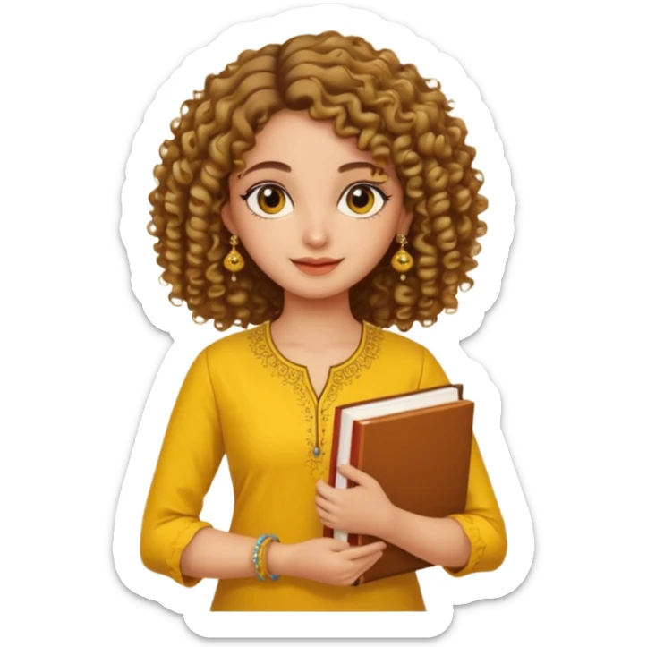 a pretty bratz girl with curly hair wearing a yellow kurti, eyeliner, jhumkas, carrying books sticker