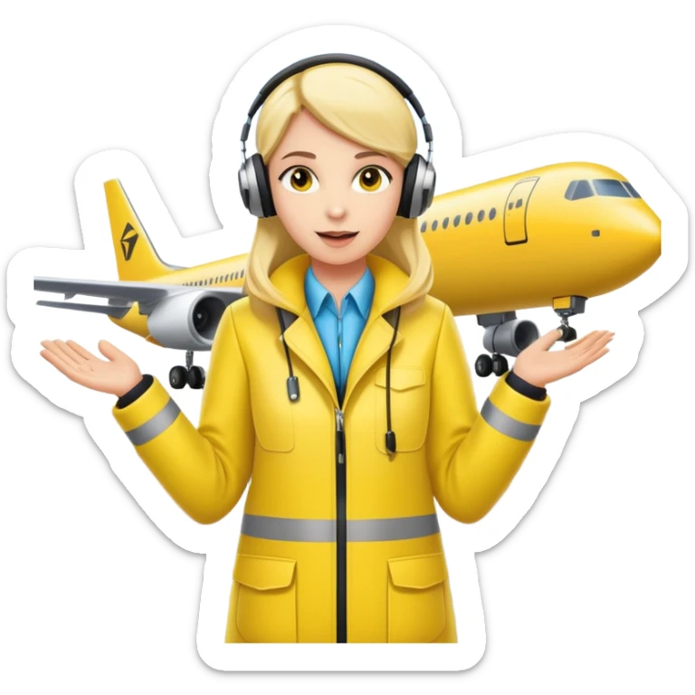 ramp agent at airport wearing bright yellow coat and headphones, directing aircraft sticker