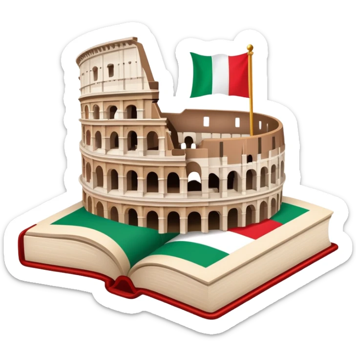 An icon featuring the Colosseum and the flag of Italy, symbolizing the Italian language. The design includes an open book with Italian phrases and a gondola, representing language learning and cultural exploration. Transparent background sticker