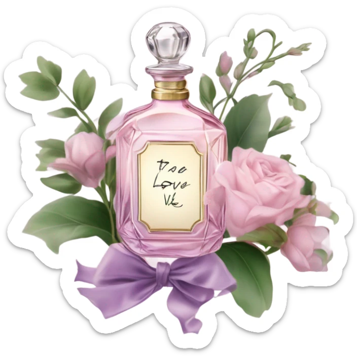 Aesthetic showcase of light pink stock flowers, a vintage-inspired violet perfume bottle, an emotional love note, and a purple silk bookmark. sticker