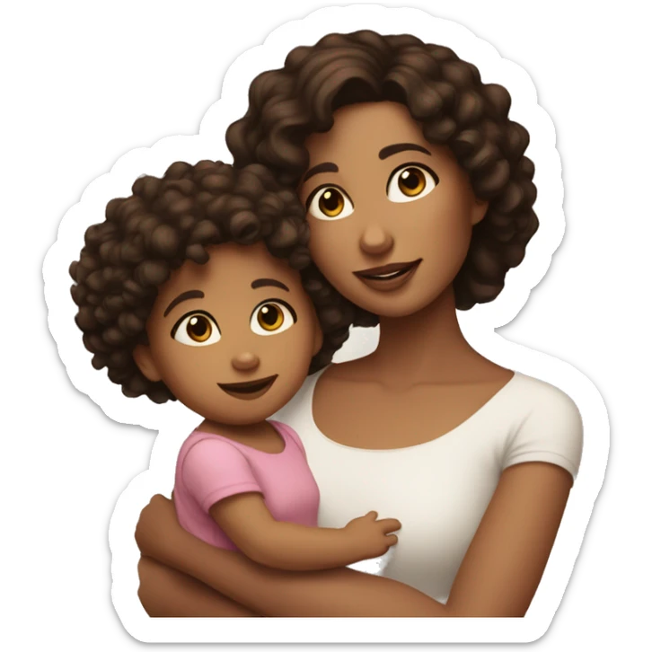Brunette woman with dark brown eyes holding brunette toddler girl with curly hair and brown eyes sticker