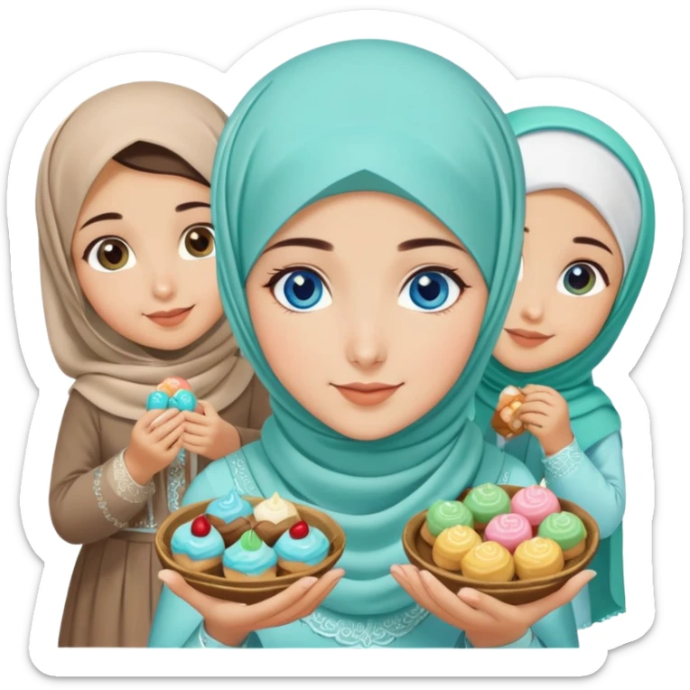 Turkish beautiful finish Konya girl blue eyes with mint hijab islamic dress and had on her hand sweets and celebrating with her friends eid days   sticker