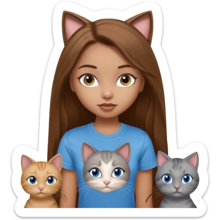 a pretty bratz dusky light skin girl with long brown hair, blue eyes with six cats nd wearing a grey tshirt sticker
