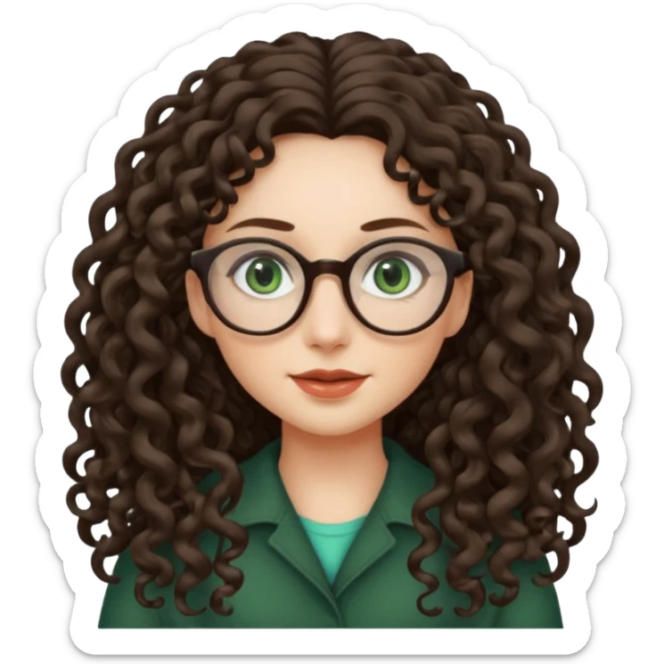 rapariga, olhos verdes escuros, rosto oval, cabelos muito compridos aos caracóis, com óculos sticker