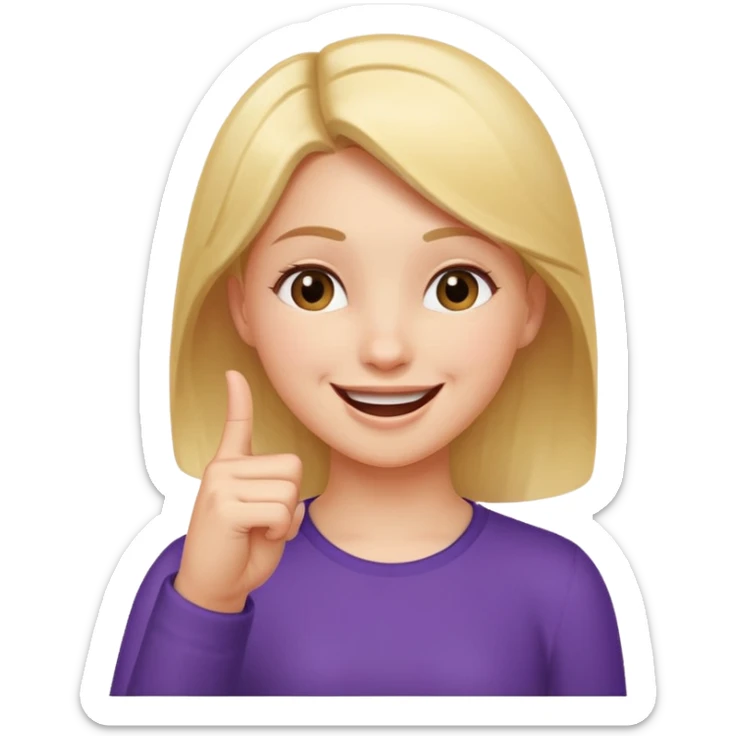 girl with her hand up holding her thumb and index finger close together tip to tip giggling sticker