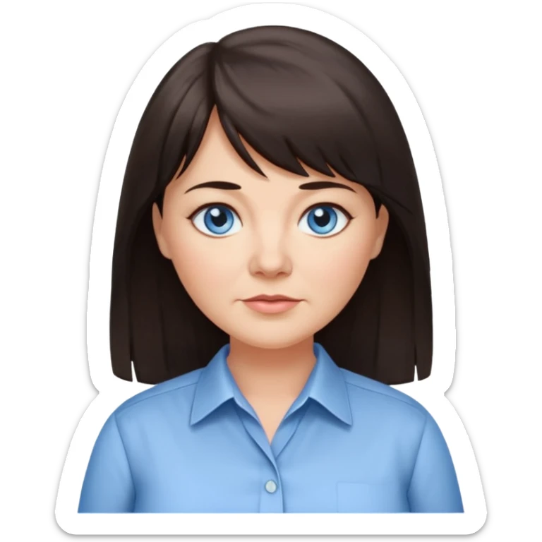 50 yr old woman, blue eyes, long straight dark brown hair, business shirt, chubby, bangs, long hair sticker