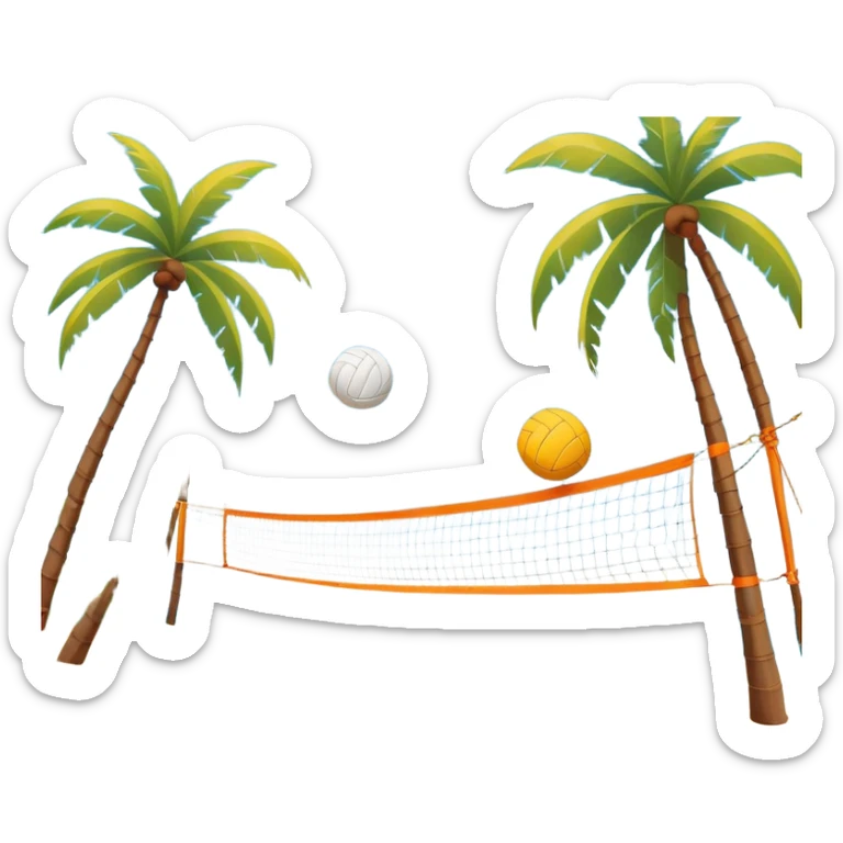 The scene captures a sunny sea beach atmosphere with clear blue sea and sky, palm trees swaying, and people in swimsuits enjoying the vibrant surroundings. A volleyball resting on the orange sand ground of a beach, with a volleyball net in the background.  sticker