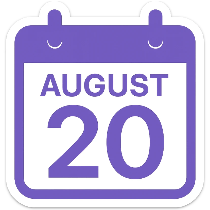 A minimalist calendar block with the date August 20, clean design in purple color, no background, simple and elegant style. sticker