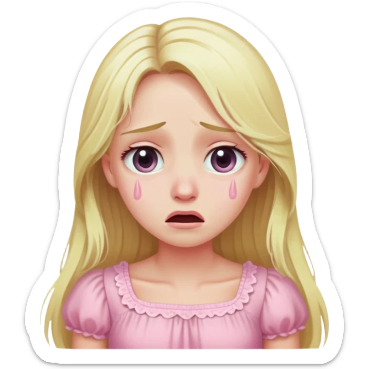 blonde with long hair and swamp eyes in a pink pastel dress, cry sticker
