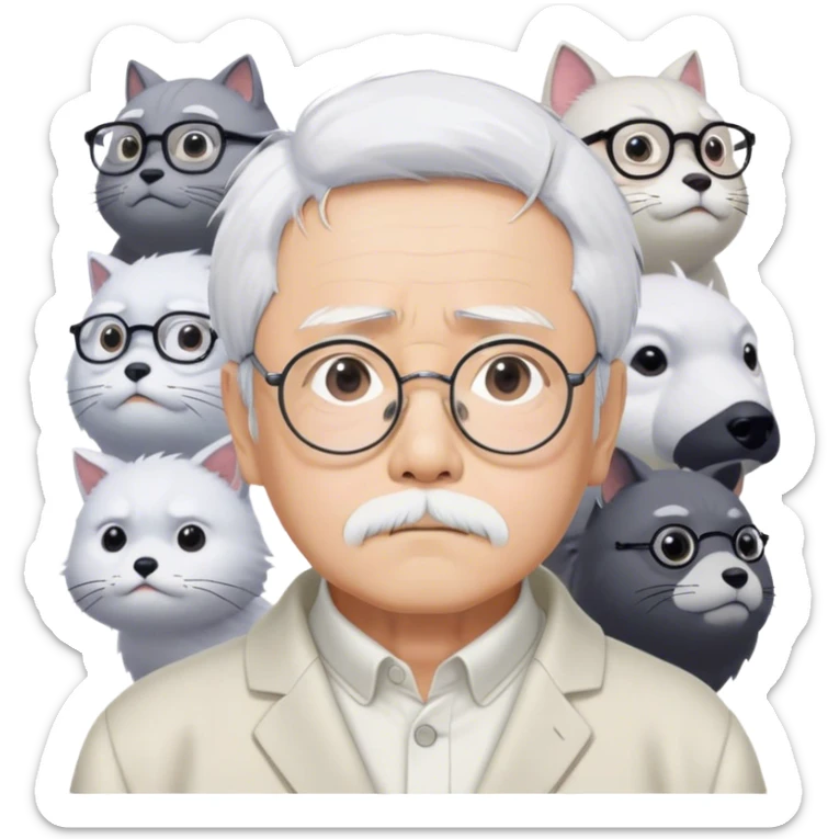 ​Cinematic Realistic Portrait of Hayao Miyazaki, depicted with striking white hair, defined black eyebrows, and large rectangular glasses, his thoughtful expression rendered in lifelike detail against a background of whimsical Studio Ghibli-inspired sketches, illuminated with soft, realistic lighting that emphasizes his creative genius, sticker