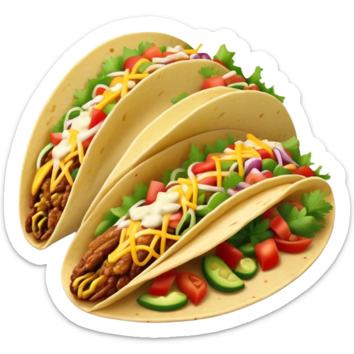 Cinematic vibrant tacos, warm soft shells filled with flavorful meats, fresh vegetables, cheese, and zesty salsa, colorful and lively, ultra-detailed and appetizing. sticker