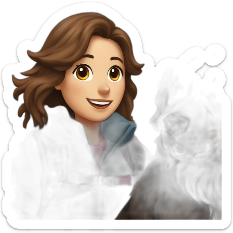 bernese mountain dog hiking in winter with a woman with brown hairr a mountain sticker