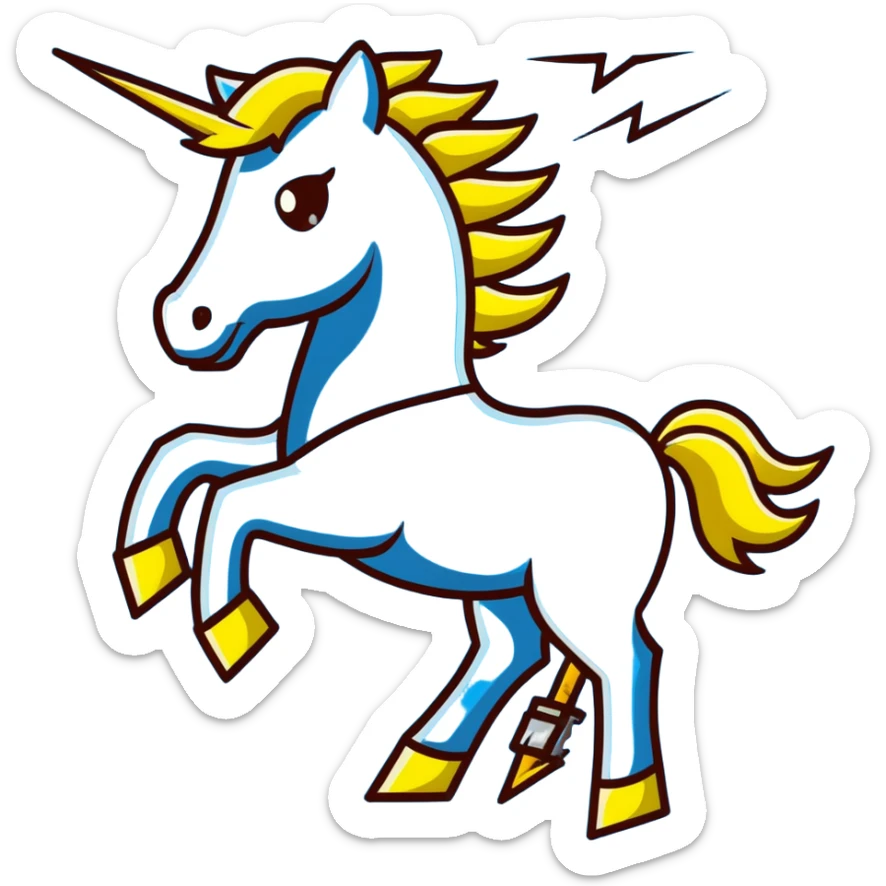 yellow fast electric horse made of electricity, bolts, visible yellow wires, lightning, blue electricity, dynamic galloping pose sticker