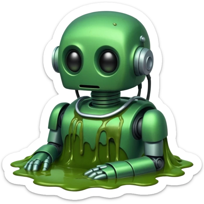 An emoji of a green robot melting away covered in thick green sludge sad and depressed  sticker