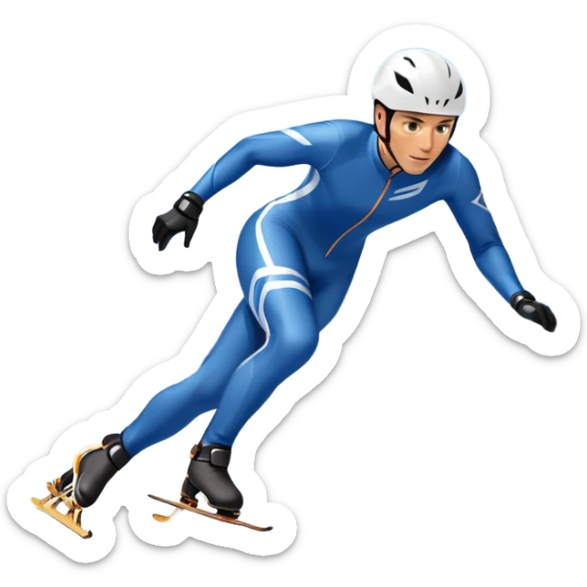 An icon showing a grand arena, snow-covered mountains in the distance, and a crisp blue sky. professional speed skater leaning into a turn on a polished ice track, dressed in a sleek suit and helmet. Transparent background highlights speed and precision. sticker