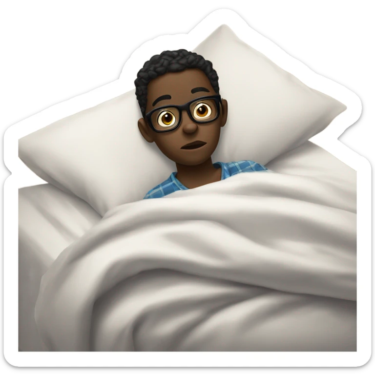 A darkskin boy around 13 years of age with black glasses in pajamas on a bed with a disgruntled, irritated expression on his face while pulling the bed sheet off of his chest  sticker