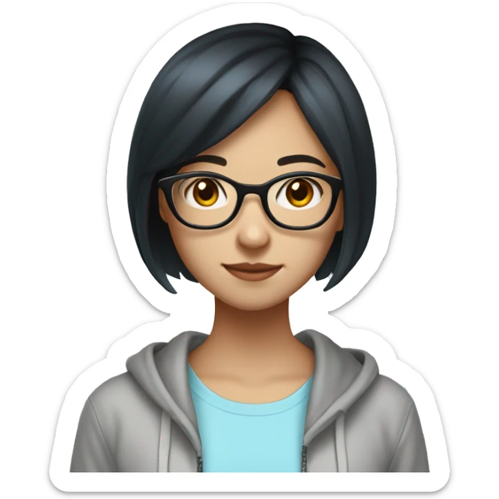 Chinese girl, 19 years old, black hair, bob cut, wearing white tank top with a light blue zip-hoodie on top, has glasses on sticker