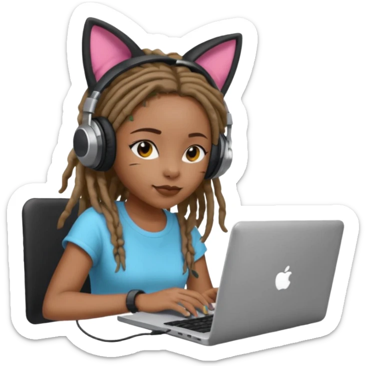 black girl with dreads who works remotely through a laptop with headphones that have plastic cat ears connected to the headphones.  sticker