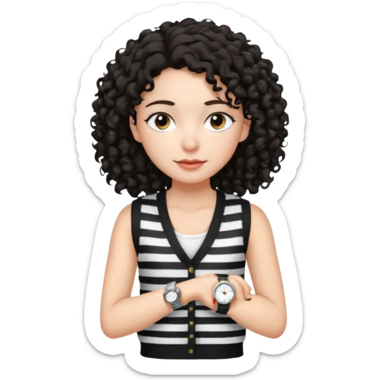 Chica joven con cabello rizado y oscuro, piel clara, vestida con un chaleco tejido blanco con rayas negras y una camiseta blanca debajo. Lleva un reloj plateado  sticker