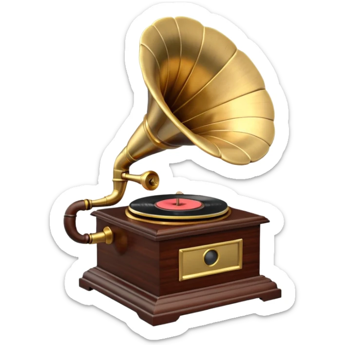 3D render of Gramophone, vintage 1980s audio equipment aesthetic, tactile analog buttons, polished brass gold horn with a dark mahogany wood base, mixed wood grain and brushed aluminum textures, Apple emoji style, isolated on white background --v 6.0 sticker