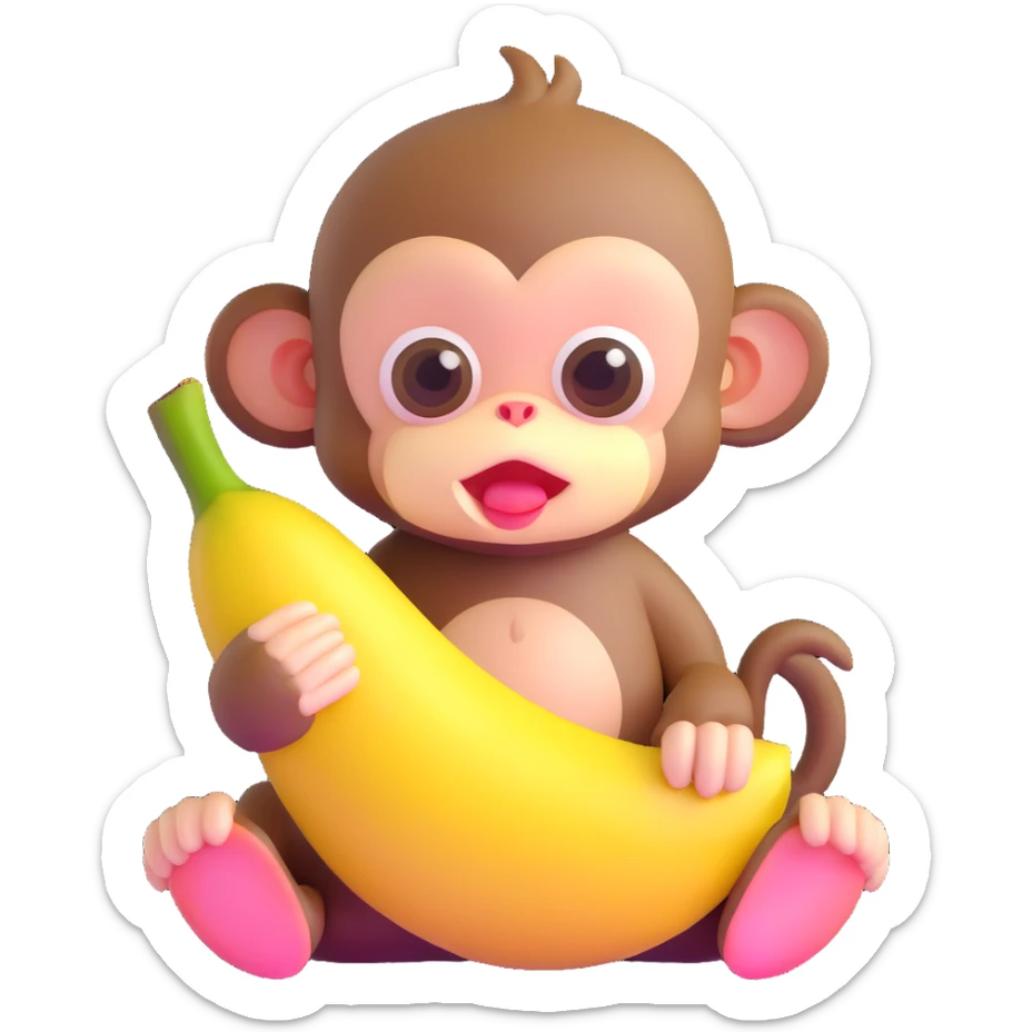ultra cute baby monkey with enormous adorable eyes peeling a banana, pastel colors sticker