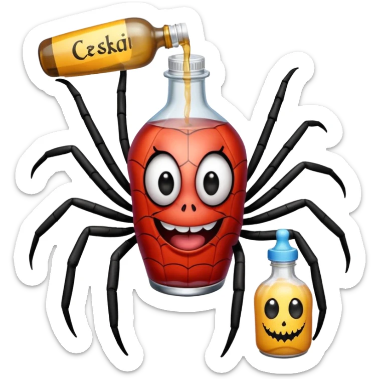 wesoły śmieszny pająk z butelka jadu i podpisem cześć sticker