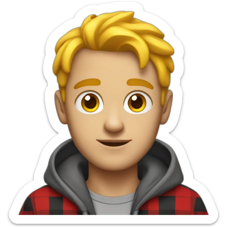 Man, bright red skin, yellow hair, big eyes, black eyebrows, wearing a gray hoodie with a black and red checkered shirt sticker