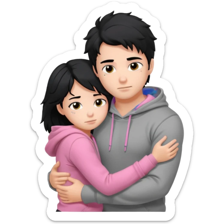 generate a pretty bratz fair skinned boy with messy black hair in a grey hoodie. Hugging his girlfriend who is wearing pink. Make him muscled. Boy in grey hoodie, girl in pink sticker