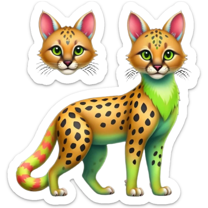 Colorful cute adorable tropical exotic fruity kiwi-green lemony rosy neon-red Caracal-Cheetah-Civet-Trico-fusion-hybrid-animal-creature, full body, with tribal tattoos sticker