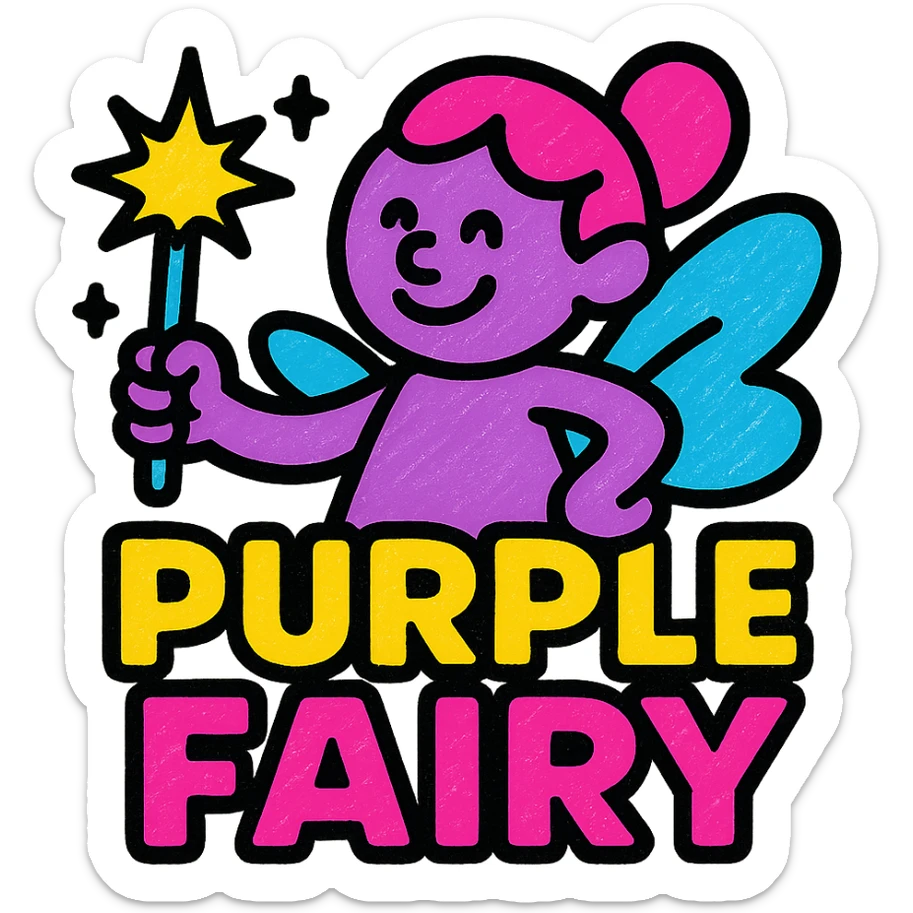 purple fairy, sparkly wand, cartoon logo, sophisticated, suitable for adults sticker