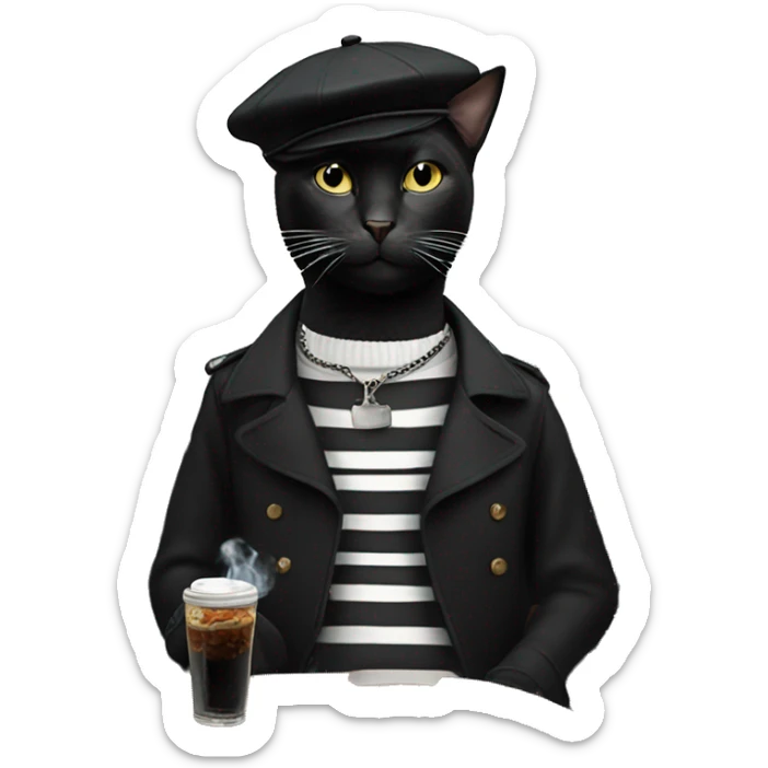 Black cat wearing a beret and a black and white striped shirt smoking a cigarette in a Parisian cafe sticker