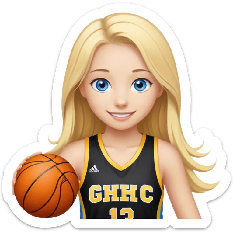 smiling girl with blue eyes and blonde long hair playing basketball with black and yellow jersey with GHC Logo sticker