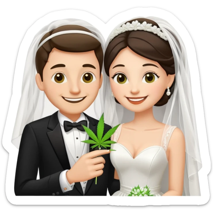 Bride in white dress and groom in tuxedo sharing a cannabis joint, cheerful cartoon wedding couple sticker