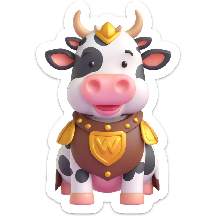cow character inspired by World of Warcraft, in fantasy armor, stylized as a 3D emoji sticker